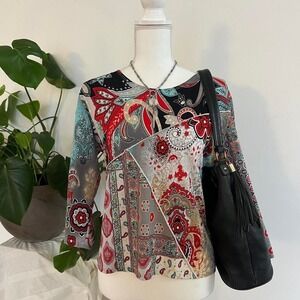 Y2K Micro-mesh 3/4 sleeve Multi-color paisley print blouse Made IN USA